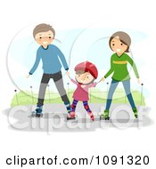 Poster, Art Print Of Happy Family Roller Blading On A Sidewalk