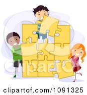 Poster, Art Print Of Kids Assembling A Large Yellow Jigsaw Puzzle
