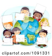 Poster, Art Print Of Happy Kids Holding Signs Around A Globe On Earth Day