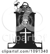 Clipart Judge Holding A Gavel At A Christian Podium Black And White Woodcut Royalty Free Vector Illustration by xunantunich #COLLC1091340-0119