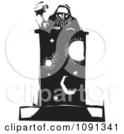 Poster, Art Print Of Judge Holding A Gavel At A Celestial Podium Black And White Woodcut
