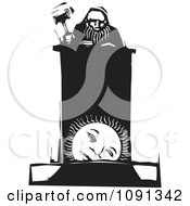 Clipart Judge Holding A Gavel At A Sun Podium Black And White Woodcut Royalty Free Vector Illustration by xunantunich