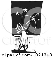 Female Archer Aiming At The Stars Black And White Woodcut