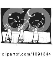 Clipart Three Female Archers Aiming At The Stars Black And White Woodcut Royalty Free Vector Illustration