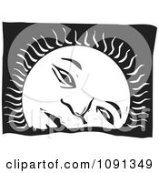 Clipart Sad Sun Setting Black And White Woodcut Royalty Free Vector Illustration