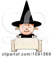 Poster, Art Print Of Happy Halloween Witch Girl Over A Banner