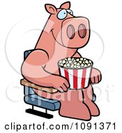 Poster, Art Print Of Happy Pig With Popcorn At The Movie Theater