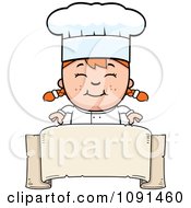 Poster, Art Print Of Happy Chef Girl Over A Blank Banner