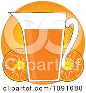 Pitcher Of Orange Juice With Fruits Over A Circle