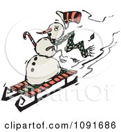 Poster, Art Print Of Snowman Sledding Down A Hill