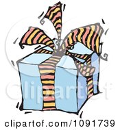 Poster, Art Print Of Blue Gift Box With Striped Ribbons And Bow