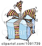 Clipart Blue Gift Box With Striped Ribbons And Bow Royalty Free Vector Illustration by Steve Klinkel