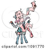 Clipart Pink Patchwork Bunny Sitting On A Stool Royalty Free Vector Illustration