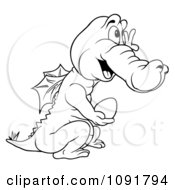 Clipart Black And White Dragon Holding An Egg Royalty Free Vector Illustration