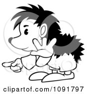 Clipart Black And White Hedgehog Gesturing To Wait And Pointing Royalty Free Vector Illustration