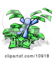 Blue Business Man Jumping In A Pile Of Money And Throwing Cash Into The Air Clipart Illustration