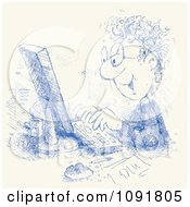 Poster, Art Print Of Blue Ink Sketched Man Working On A Desktop Computer