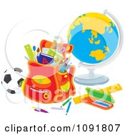 Poster, Art Print Of Backpack With A Soccer Ball Globe And School Supplies