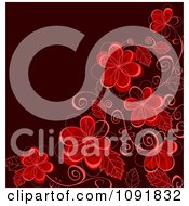 Poster, Art Print Of Corner Of Red Flowers And Vines Over Dark Red
