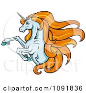 Poster, Art Print Of Leaping Unicorn With Long Orange Hair