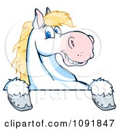 Poster, Art Print Of Happy White And Blond Horse Over A White Sign