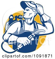 Clipart Retro Welder Man Looking Over His Shoulder Royalty Free Vector Illustration