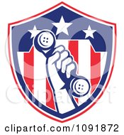 Clipart Retro Hand Holding A Phone Up Over An American Flag Shield Royalty Free Vector Illustration