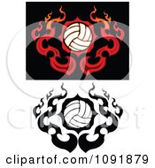 Clipart Fire Engulfed Volleyballs In Color And Black And White Royalty Free Vector Illustration