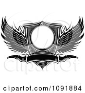 Poster, Art Print Of Black And White Ornate Wings Wwith A Shield And Banner