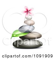 Poster, Art Print Of Hot Stone Massage Spa Stones With A Dewy Leaf And Frangipani