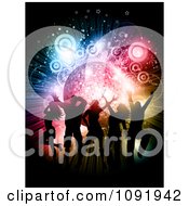 Silhouetted People Dancing Over A Disco Burst With Circles And Stars