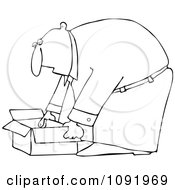 Outlined Businessman Bending Over To Pick Up An Open Box