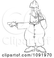 Poster, Art Print Of Outlined Worker Pointing Left And Talking On A Cell Phone