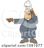 Clipart Worker Pointing Left And Talking On A Cell Phone Royalty Free Vector Illustration