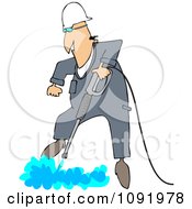 Clipart Worker Being Propelled Upwareds While Pressure Washing The Ground Royalty Free Vector Illustration
