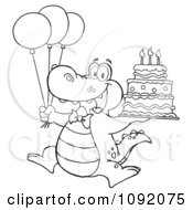 Poster, Art Print Of Outlined Birthday Alligator With Balloons And Cake