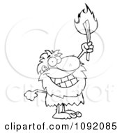 Clipart Outlined Caveman Holding Up A Fiery Torch Royalty Free Vector Illustration