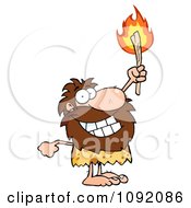 Happy Caveman Holding Up A Fiery Torch