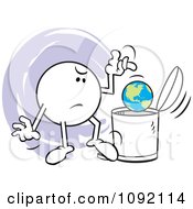 Moodie Character Tossing A Globe In The Trash Can