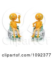 Poster, Art Print Of Two 3d Happy And Waving Orange People In Wheelchairs 2