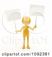 Poster, Art Print Of 3d Happy Orange Person Holding Two Blank Signs