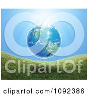 Clipart 3d Earth Floating Over Grassy Hills Royalty Free CGI Illustration