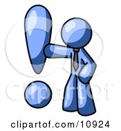 Blue Businessman Standing By A Large Exclamation Point Clipart Illustration