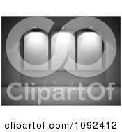Clipart 3d Gallery Lights Shining Down On Three Blank Panels Royalty Free CGI Illustration