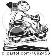 Clipart Happy Girl Catching Air On Her Scooter Black And White Woodcut Royalty Free Vector Illustration by xunantunich #COLLC1092456-0119
