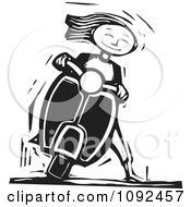 Clipart Happy Girl Leaning Her Scooter While Waiting Black And White Woodcut Royalty Free Vector Illustration by xunantunich