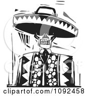 Day Of The Dead Skeleton Wearing A Sombrero Black And White Woodcut