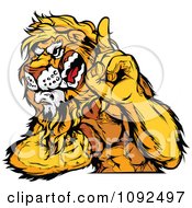 Poster, Art Print Of Strong Lion Mascot Champion Flexing And Holing Up A Finger