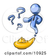 Blue Genie Man Emerging From A Golden Lamp With Question Marks