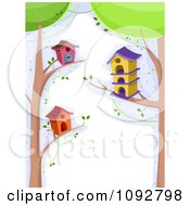 Border Of Bird Houses On Tree Branches With White Copyspace